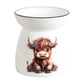 A white ceramic WAX melter or oil burner featuring a detailed illustration of a fluffy brown highland cow on the front, with a thin black rim around the top bowl.