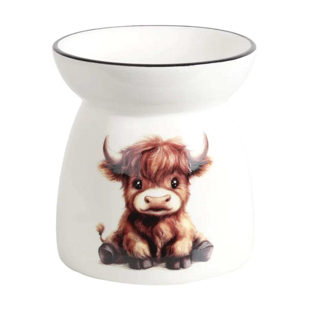 A white ceramic WAX melter or oil burner featuring a detailed illustration of a fluffy brown highland cow on the front, with a thin black rim around the top bowl.