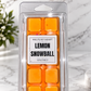 A packaged wax melt product in a clear plastic clamshell package with a white label reading 'MELTS MY HEART LEMON SNOWBALL WAX MELT.' The wax melts inside are bright orange.