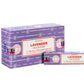 A box  Satya Lavender Incense on a plain white background. The packaging is purple with a red and white label.