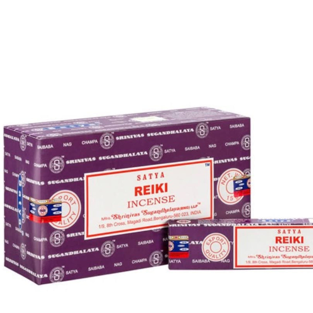 A box of  Satya Reiki Incense by Shiva Sagar Mandalam, featuring a deep purple packaging design with white and red text and logos, set against a plain white background.