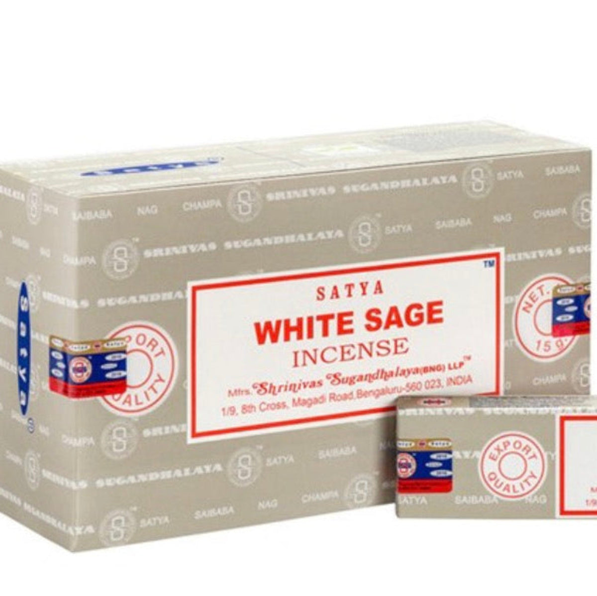 A box individual sticks of Satya White Sage Incense on a plain white background.